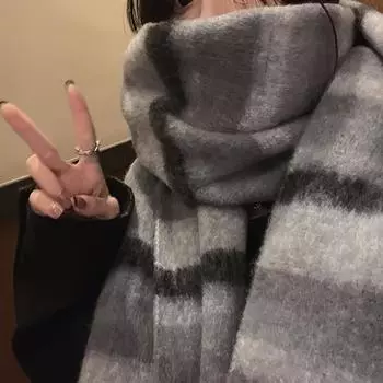 Модный полосатый толстый шарф с бахромой, толстый, утепленный, клетчатый, большой, классический, ветрозащитный платок для женщин, осень и зима