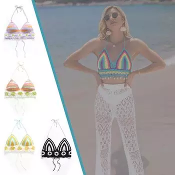 Модный полый богемный женский цветочный вязаный жилет с лямкой на шее и вышивкой, бикини, вязаный крючком