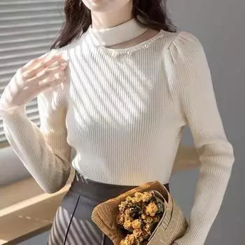 Модный полый полувысокий воротник, базовый пуловер, свитера женские, осень-зима, облегающий вязаный свитер, женский, элегантный, однотонный, повседневный, трикотажный джемпер 24850 One Size чёрный