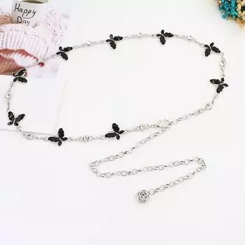 Модный пояс с металлической цепочкой в виде бабочки, регулируемый, элегантный, тонкий, с талией, с цепочкой, на платье, свитере, с подвеской, с украшением, в подарок чёрный