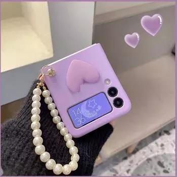 Модный портативный браслет-цепочка с жемчугом «сделай сам», милый чехол с сердечком и фиолетовой кожей для Samsung Galaxy Zflip 3 Zflip3 5g For Galaxy Z Flip 3