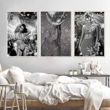 Модный постер с принтом диско-шара для девочек, стильный настенный художественный черно-белый коктейльный холст, картина в стиле фанк, фотографии, декор 21x30cm No Framed