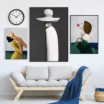 Модный постер с пузырьками, женщина в шляпе, скандинавский портрет, холст, картина, домашний декор, настенное искусство, 3 шт., поп-картины для украшения гостиной 20x30cm No Frame