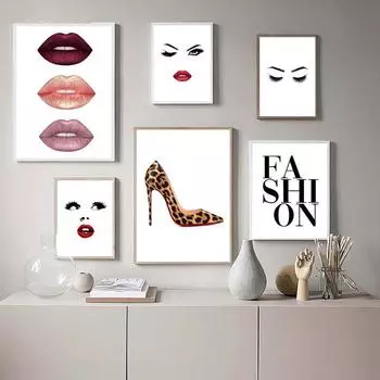 Модный постер с ресницами, губами, макияжем, леопардовая обувь, настенная живопись на холсте, современная эстетическая картина для комнаты девочки, домашний декор 21X30cm No Frame