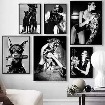 Модный постер журнала Star Dog Leopard, черный, белый цвет, скандинавские настенные художественные фотографии, печать на холсте, украшение для гостиной, дома 21x30cm No Frame