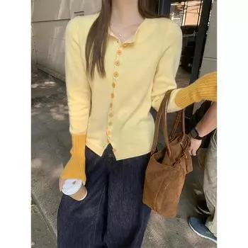 Модный повседневный элегантный вязаный свитер с длинным рукавом, кардиганы для женщин, осень, новый облегающий свитер с круглым вырезом, женский однотонный винтажный зимний кардиган 25798 One Size серый