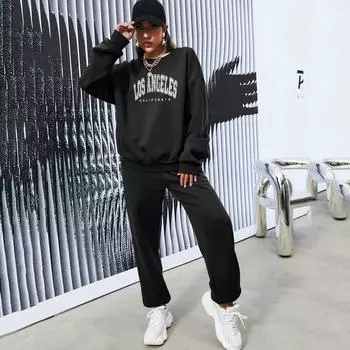 Модный повседневный большой женский весенний комплект из двух частей с однотонным принтом S серый