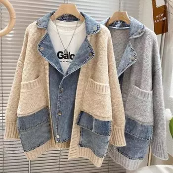 Модный повседневный джинсовый сплайсированный длинный рукав вязаный кардиган свободный толстый женский свитер пальто зима осень новый One Size хаки