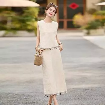 Модный повседневный костюм юбка женский летний новый леди темперамент без рукавов жилет юбка комплект из двух предметов M