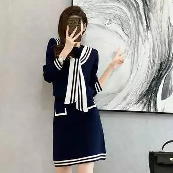 Модный повседневный костюм в студенческом стиле, юбка, женский осенне-зимний темно-синий свитер с воротником, юбка трапециевидной формы, комплект из двух предметов, вязаный свитер
