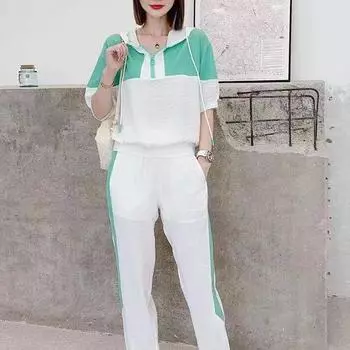 Модный повседневный костюм, женский летний темпераментный свитер с короткими рукавами и брюками, спортивный костюм из двух частей 4XL зелёный