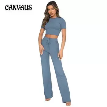 Модный повседневный костюм, женский однотонный эластичный формирующий костюм с короткими рукавами и широкими брюками в полоску S чёрный