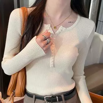 Модный повседневный красный свитер с длинным рукавом и круглым вырезом, женский осенне-зимний однотонный рождественский вязаный свитер, топы, элегантные вязаные джемперы 25670 One Size чёрный