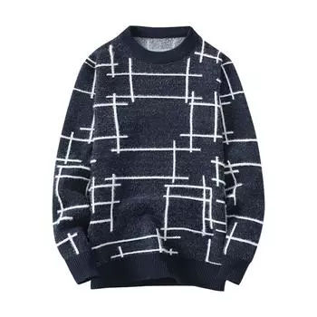 Модный повседневный мужской свитер с длинным рукавом и круглым вырезом, свободный пуловер тёмно-синий