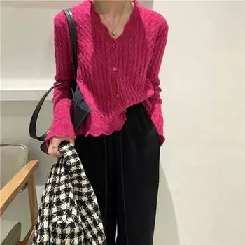 Модный повседневный нежный ветер ретро сто соответствующий длинный рукав V-образный вырез короткий вязаный кардиган свитер куртка женская нижняя часть маленькая рубашка топы осень One size красный