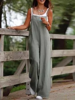 Модный повседневный новый женский карманный хлопковый конопляный повседневный комбинезон на бретелях S серый