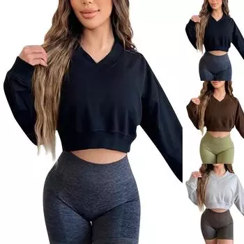 Модный повседневный однотонный топ с длинным рукавом и V-образным вырезом для девочек S кофейный