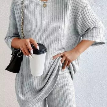 Модный повседневный однотонный весенне-осенний трикотажный свободный женский тонкий костюм из двух частей L бежевый