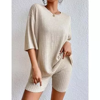 Модный повседневный однотонный весенний комплект из свободных женских шорт с круглым вырезом S абрикосовый