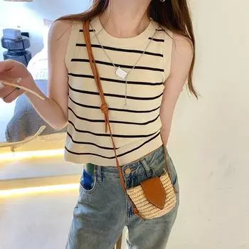 Модный повседневный полосатый короткий жилет для женщин с круглым вырезом, летние майки, новый облегающий крой без рукавов, тонкий элегантный женский пуловер, трикотажная рубашка 2734 One Size