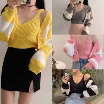 Модный повседневный полосатый свитер из двух частей для женщин 2024 года, осенний свободный вязаный кардиган с длинным рукавом и V-образным вырезом, укороченный кардиган, комплект One Size чёрный