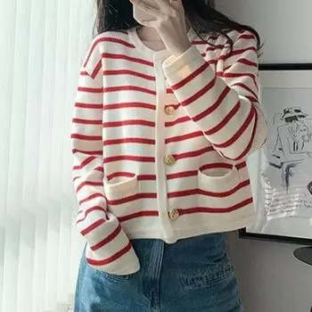 Модный повседневный полосатый вязаный кардиган свитер куртки женские осенние с круглым вырезом свободные верхние короткие пальто с длинным рукавом элегантные кардиганы одежда 2239 One Size чёрный