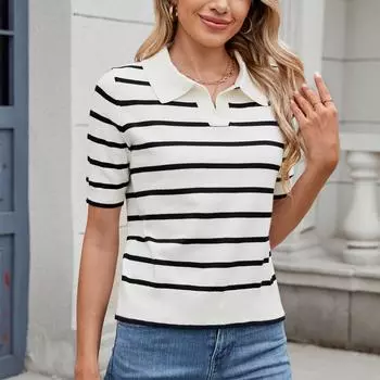 Модный повседневный полосатый вязаный свитер с лацканами, топ с короткими рукавами для женщин L чёрный