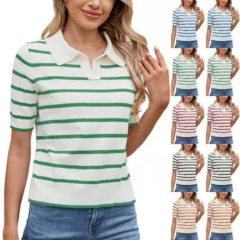 Модный повседневный полосатый вязаный свитер с лацканами, топ с короткими рукавами для женщин S чёрный