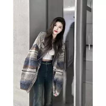 Модный повседневный ретро удобный цветной полосатый кардиган свитер пальто женский осень и зима тонкий дизайн ниша свободный ленивый трикотажный топ S