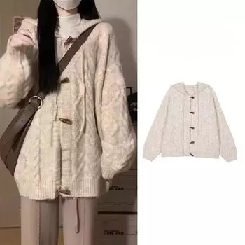 Модный повседневный ретро уютный кардиган-свитер с пуговицами-хомутами для женщин на осень и зиму, свободный, универсальный, тонкий трикотажный жакет с капюшоном S