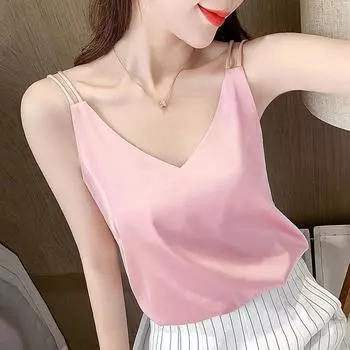 Модный повседневный сексуальный топ на бретелях, атласный шелковый укороченный топ с лямкой на шее, женский летний однотонный женский укороченный жилет без рукавов S розовый