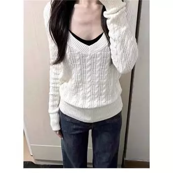 Модный повседневный свитер с большим V-образным вырезом, свитер с переплетением и длинным рукавом, женская осенне-зимняя новинка, облегающий повседневный вязаный верх, женская простая одежда 2887 One Size серый