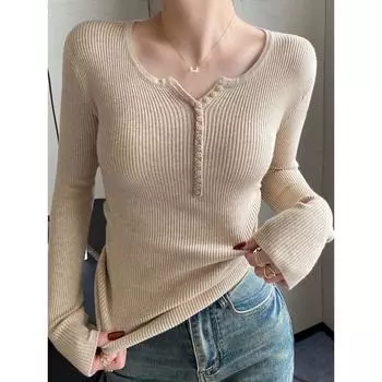 Модный повседневный свитер с длинным рукавом для женщин, осенний облегающий базовый элегантный вязаный свитер для женщин, зимний простой женский вязаный джемпер с круглым вырезом 2308 One Size белый