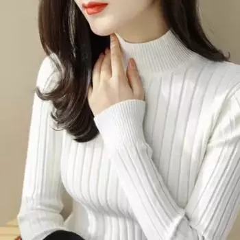 Модный повседневный свитер с длинным рукавом, вязаный свитер для женщин, зимний толстый облегающий свитер с высоким воротником, женский теплый однотонный трикотажный топ 24834 One Size белый
