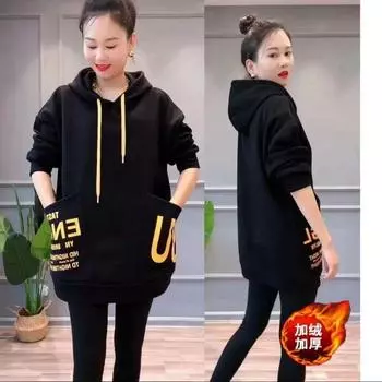 Модный повседневный свитер с капюшоном из флиса, утолщенный, зимний, новый свободный, средней длины и длинный, верхняя куртка из синели M suggestion [80-52.5kg]