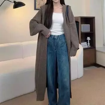 Модный повседневный свободный длинный вязаный свитер с капюшоном, женская однотонная куртка на осень и зиму, женские кардиганы, пальто, винтажные толстые ленивые кардиганы 25328 M серый