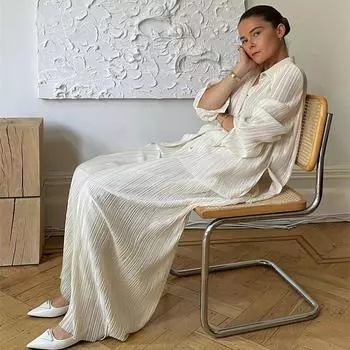 Модный повседневный свободный плиссированный комплект с широкими брюками, женский комплект с высокой талией, офисные женские брюки, элегантный простой женский костюм с длинными брюками 21843 S розы красного