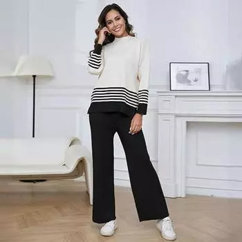 Модный повседневный свободный свитер с длинными рукавами в полоску контрастного цвета, широкие брюки, повседневный трикотажный костюм-двойка One size чёрный