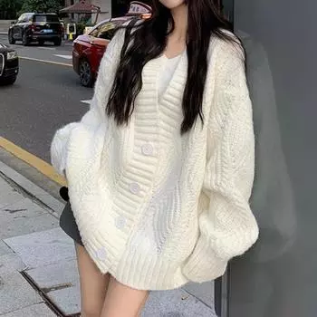 Модный повседневный свободный женский кардиган на осень-зиму, пальто, однотонный, с V-образным вырезом, с длинным рукавом, вязаный свитер, кардиган, куртка, женский ленивый стиль, трикотаж 25330 One Size