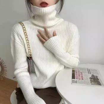 Модный повседневный теплый вязаный свитер с длинным рукавом для женщин, осенняя и зимняя одежда, элегантные однотонные водолазки, трикотаж для офисных женщин 25014 One Size чёрный