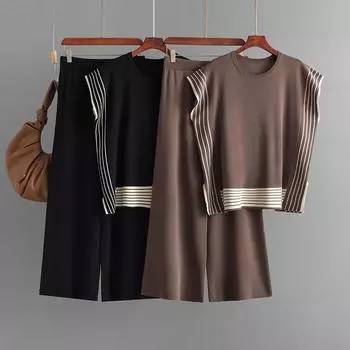 Модный повседневный трикотажный комплект из 2 предметов для женщин, свободный свитер, топы + широкие брюки, трикотажные костюмы, универсальные комплекты из двух предметов One Size бежевый