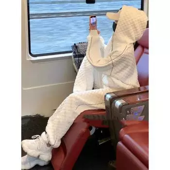 Модный повседневный женский костюм-двойка из сетки с кардиганом с капюшоном — размер плюс, однотонный, на весну и осень 2025 года. Double Extra Large белый