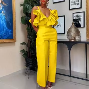 Модный повседневный женский летний топ с v-образным вырезом и рюшами в европейском и американском стиле, комплект брюк с высокой талией XXXL белый