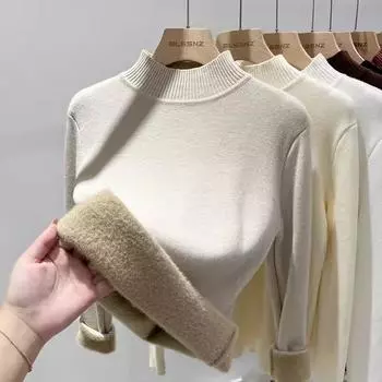 Модный повседневный женский пуловер, свитер на осень и зиму, однотонный, теплый, с высоким воротом, на бархатной основе, женские свитера с длинным рукавом, флис, плюш, трикотаж 25204 One Size хаки