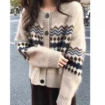 Модный повседневный женский вязаный кардиган свитер осень зима теплый однобортный модный повседневный пальто свободные вязаные крючком розовые топы одежда Y2k 1556 S тёмно-синий