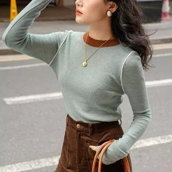 Модный повседневный женский вязаный свитер, топ 2024, осенне-зимний пуловер, внутренняя нижняя рубашка, новый облегающий крой с круглым вырезом, простая одежда 2523 One Size чёрный