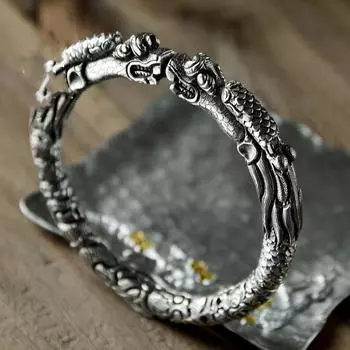 Модный позолоченный высокий плавающий двойной драконий головной мужской и женский ретро открытый браслет, могучий дракон браслет one size(16-22CM) серебряный