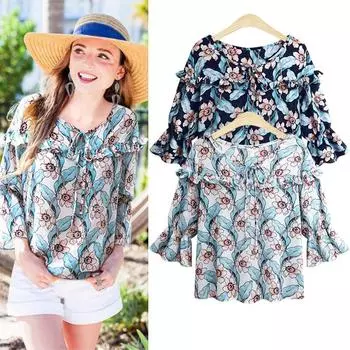 Модный принт с длинным рукавом для женщин. Мягкая свободная футболка с v-образным вырезом и рюшами. Повседневная футболка для работы и отдыха с коротким рукавом. Дышащий легкий удобный топ плюс. M темно-синий