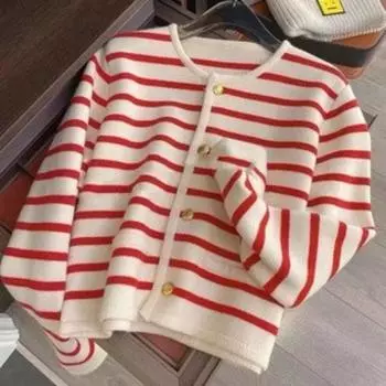 Модный приталенный полосатый вязаный кардиган куртка для женщин осень и зима свитера с длинным рукавом женские кардиганы женский повседневный свитер с круглым вырезом 25436 One Size чёрный