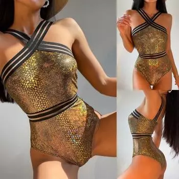 Модный приталенный сексуальный комбинезон, комплект бикини, женский комплект без рукавов с перекрестной лямкой, золотой боди, женский купальник с высокой талией, женский купальник-бикини 24334 S золотой